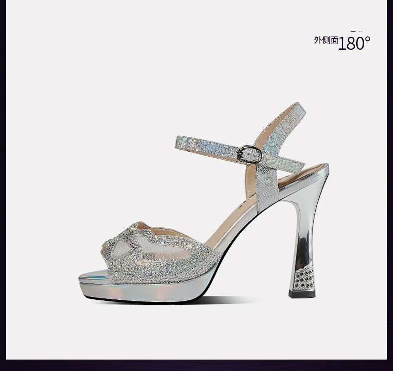 

Fashion High Heeled Sandals Womens Summer 2025 New Fish Mouth Thick Heel Rhinestone High Heels Fashion One-Word Buckle Open-Toed Sandals 39 серебряный