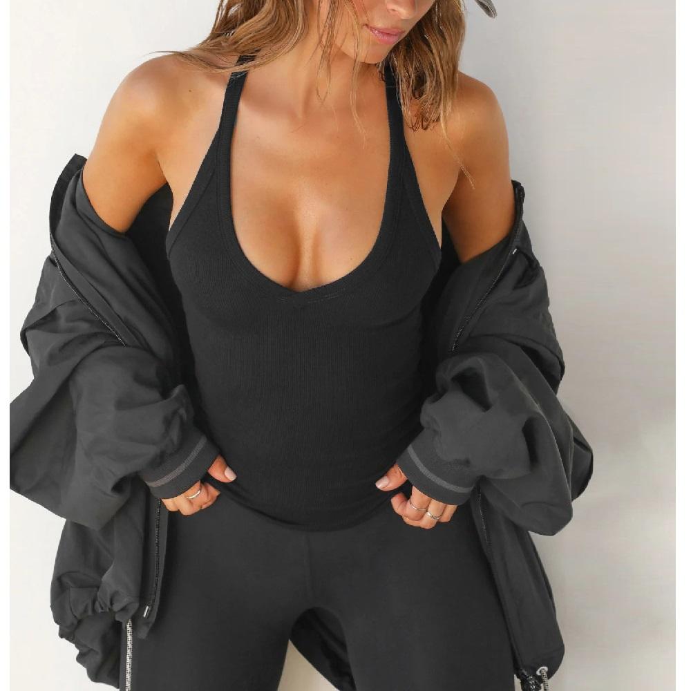 

Женские летне-осенние майки, облегающие фитнес-топы, вязаные жилеты, женские топы без рукавов с V-образным вырезом, повседневные базовые топы-камисоль S