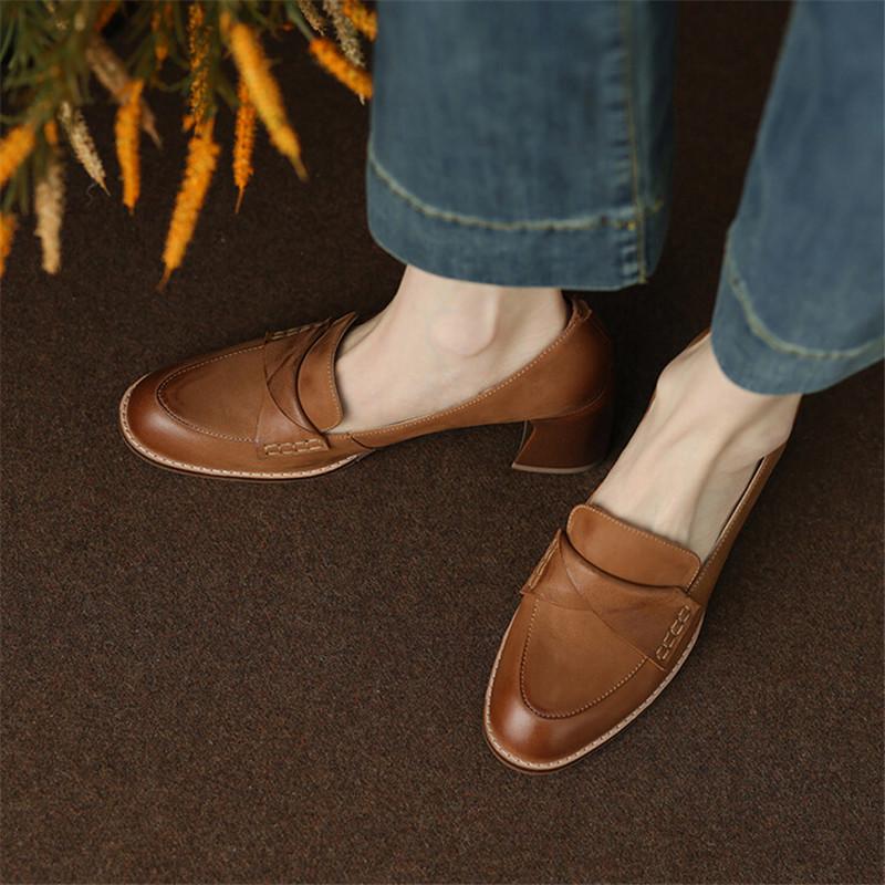 Fashion 2024 New Spring Summer Sheepskin Women Shoes Round Toe Women Pumps French Retro High Heels Loafers Shoes for Women Ladies Shoes