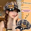 Cute Cartoon Bear Plaid Octagonal Beret for Women: Large Circumference Hat for a Slimmer Look