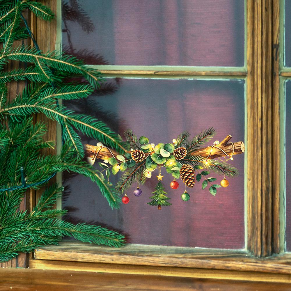 Christmas Painted Pine Tree Branches, Outdoor Balcony Glass Window Decoration with Window Stickers