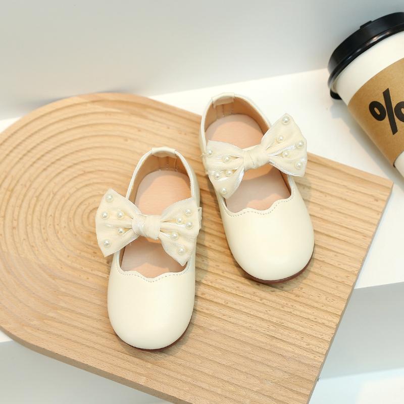 Children Mary Janes Beading Ribbon Black Beige Girl's Princess Shoes Shallow Flexiable Elegant Fashion Kids Flat Shoe 21-30