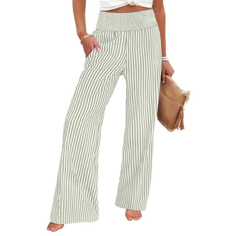 Vertical Stripe High Waist Wide Leg Pants Women's Loose Dose Casual Pants Lightweight Breathable Pocket Trousers