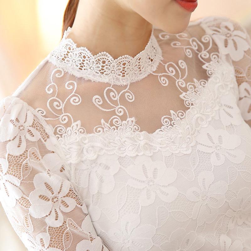 Women's Lace Chiffon Shirt - Long Sleeve, Stand-Up Collar, Slim Fit, Autumn/Winter Fashion, Plus Size