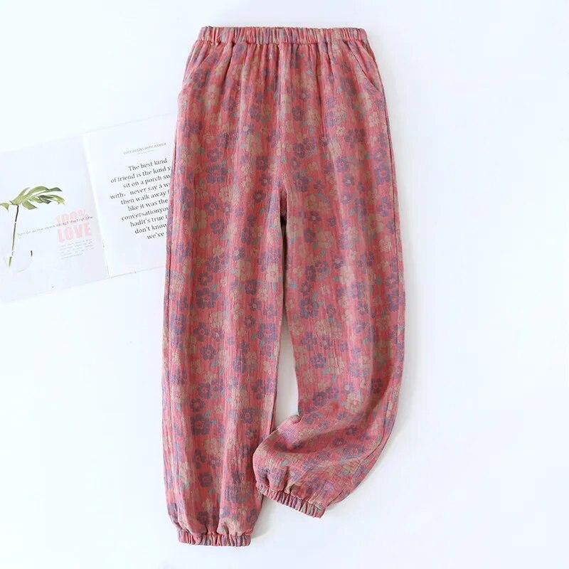 2026 Spring/Summer New Women's Sleeping Pants 100% Cotton Jacquard Cute and Fresh Flower Pants Loose Closing Home Pants Ladies