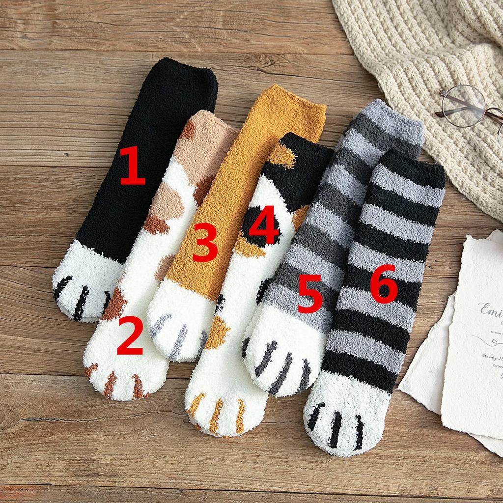 6 Pairs Autumn Winter Coral Velvet Socks Cute Cat Claw Socks For Women Girls Middle Tube Thickened Sleep Socks Home Floor Socks