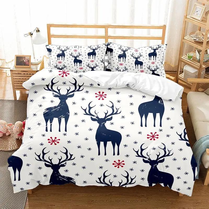 Christmas Elk Duvet Cover Set King Queen Full Twin Size Soft Christmas Trees Snowflake Decor Holiday Bedding Set Comforter Cover
