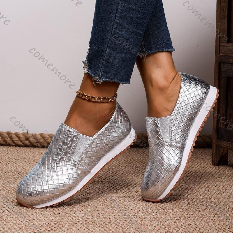 Fashion Comemore Spring Summer Flat Casual Shoes Sliver Gold Slip on Single Shoe Arge Size Soft Leather Round Head Elastic Women's Shoes