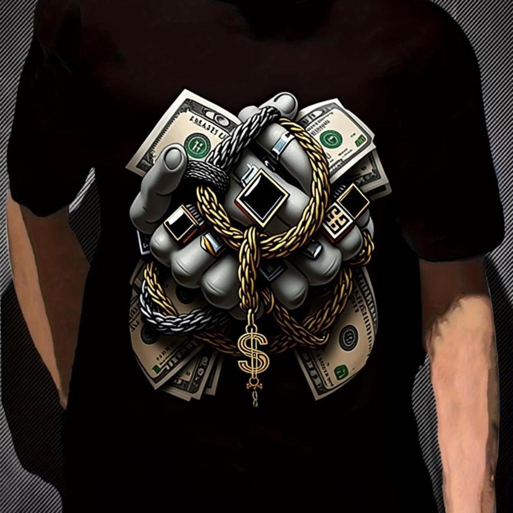 Money Chains Dollar Print Mens Graphic Tee Streetwear Casual Short Sleeve Crew Neck Cotton Tshirt