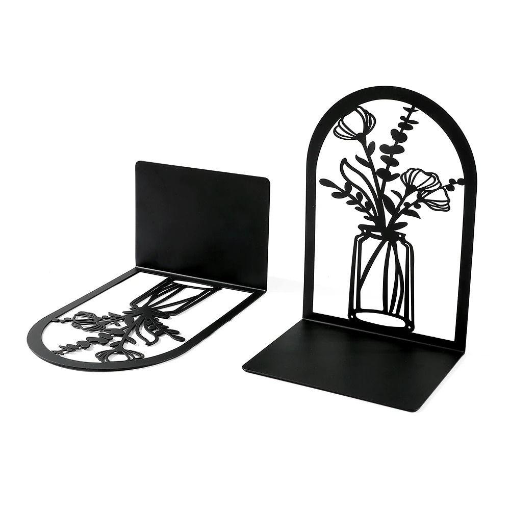 2Pcs 2025 Anti-Slip Metal Bookends Hollow L-shaped Book Rack Stand Modern Flower Carved Pattern Book Holder