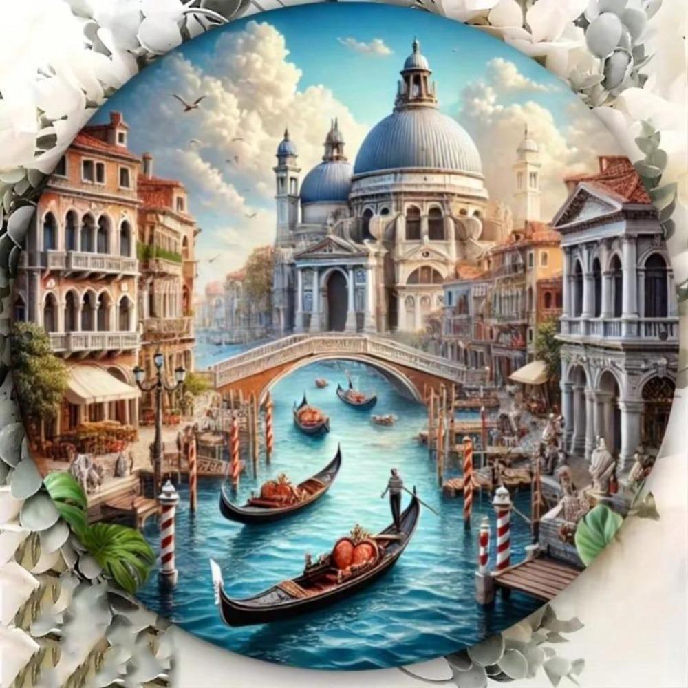 Metal Wall Art Gothic Venice Landscape Round Sign Water Reflection