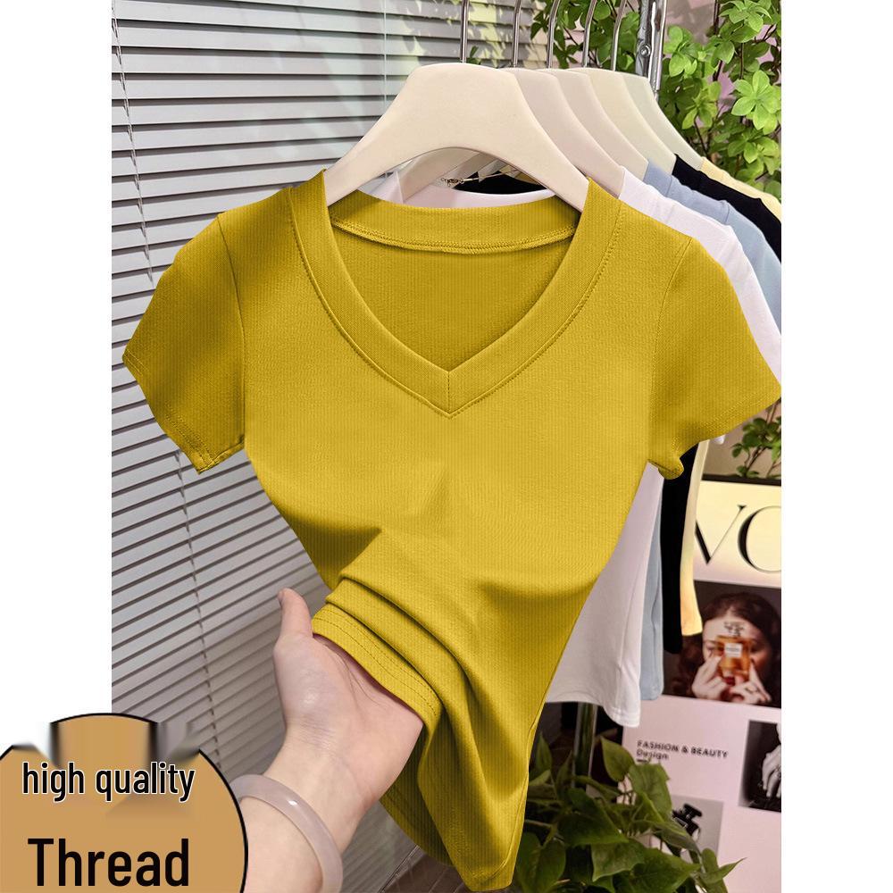 Plus Size Women's V-Neck Ribbed T-Shirt - Korean Style Bestseller, Short Sleeve, Spring/Summer Fashion, High Quality Solid Color Base Layer.
