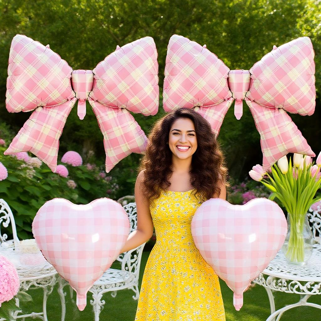 4pcs/Set Pink Checkered Bow Love Balloons Plaid Pattern Baptism Birthday Wedding Festival Party Decoration Festive Photo Props