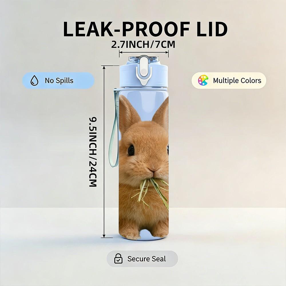 1PC Brown Rabbit Eating Grass Print 750ml Color Plastic Sports Water Bottle Leakproof Flip Straw Lid Suitable for Sports Office Home Use