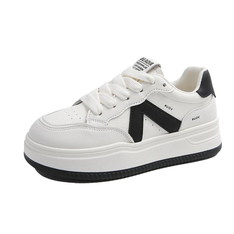 2025 New Women Leather Flat Shoes Autumn Breathable Vulcanized White Sports Lace Up Thick Soled Casual Shoes for Women