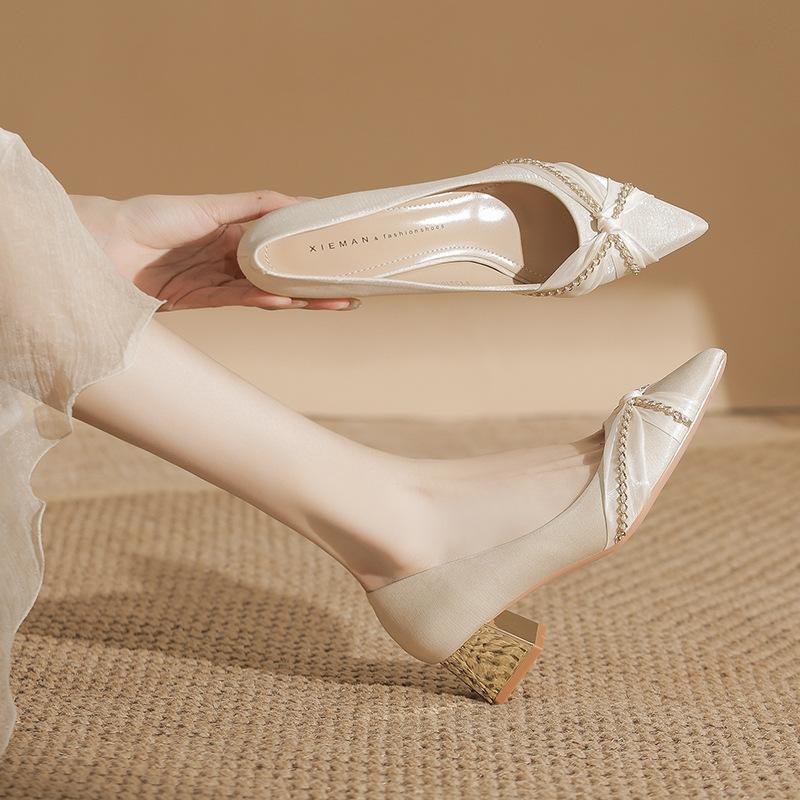 

Women Heels for Ladies Bead Chain 2026 New Medium Heel Thick Heel Elegant Woman Heeled Shoes Premium Wedding Shoes Bridal Shoes 40 абрикосовий
