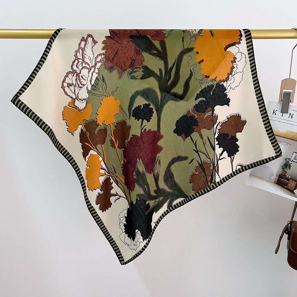 Color Matching Plant Flower Silk Scarf Four Seasons Foreign Gas Cotton And Linen Square Scarf Thin Windproof Neck Protection Scarf Decoration
