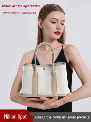 Hochwertige Damen-Crossbody-Tasche mit großer Kapazität aus Rindsleder mit Leinwand-Gartendesign
