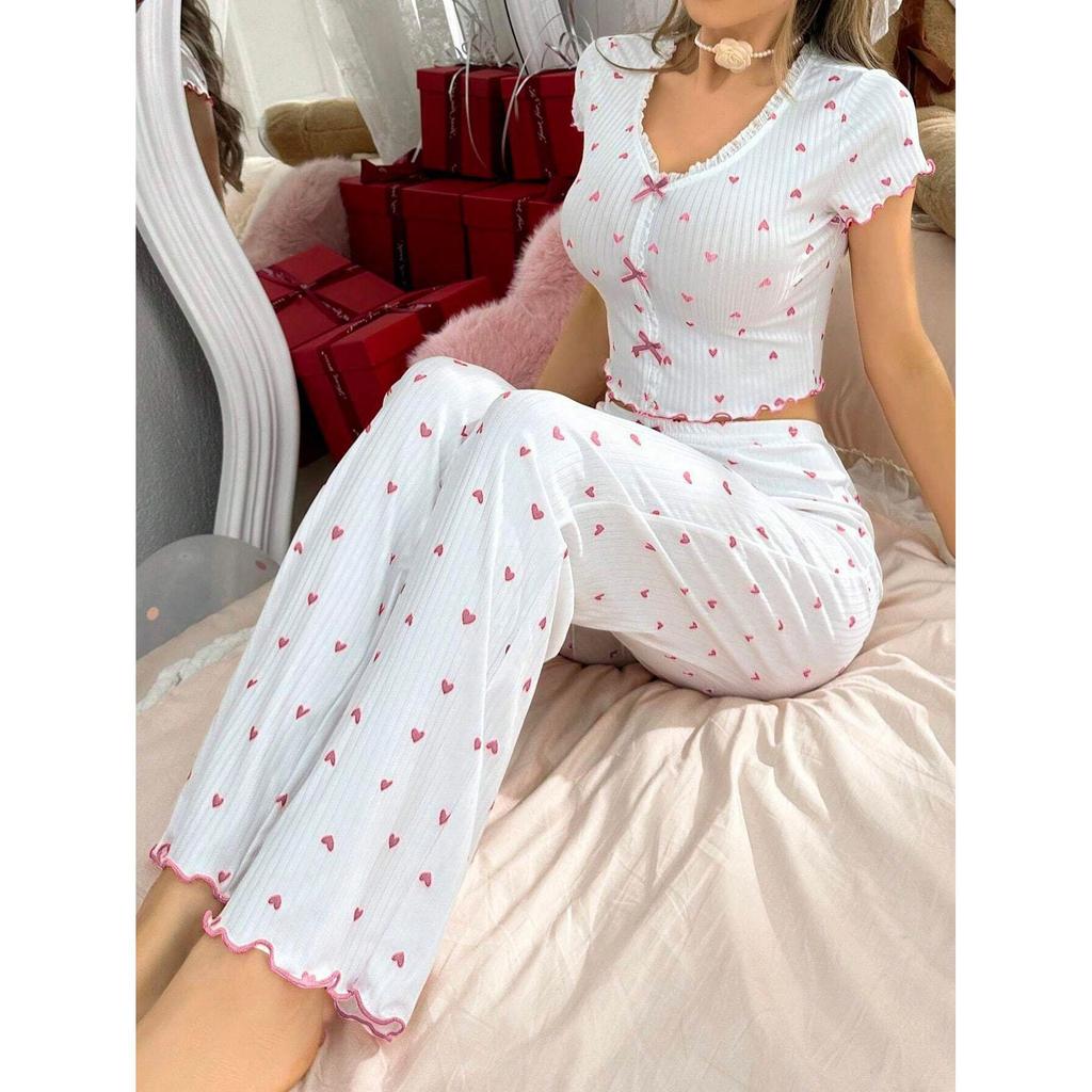 Pyjama-Set mit Herz-Print, geripptem Rüschenbesatz, Nachtwäsche für Damen, gestricktes V-Ausschnitt, lockere Oberteile, elastische lange Hosen