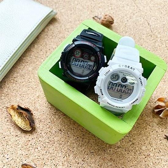 Saibito wristwatch digital watch 5 ATM water resistant 7 color LED light calendar alarm hourly chime stopwatch function white