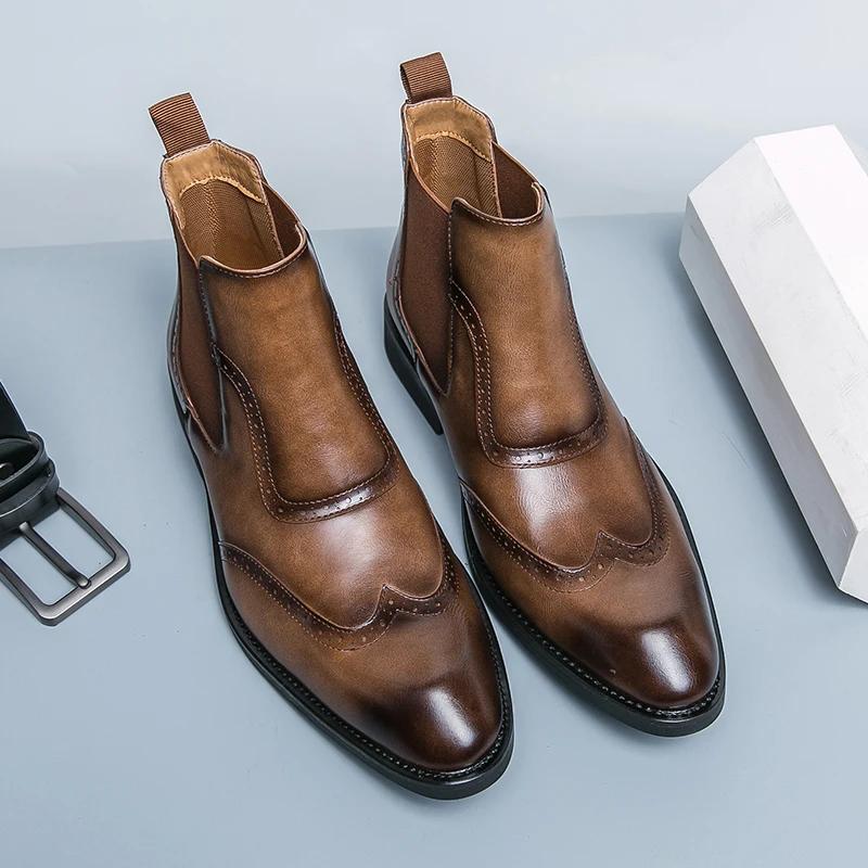 British Style Male Casual Leather Ankle Boots Classy Mens Chelsea Boots Leisure Walk High Top Shoes Outdoor Party Weddidng Shoes