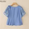 ZANZEA Women Casual Round Neck Short Sleeve Patchwork Lace Blouse