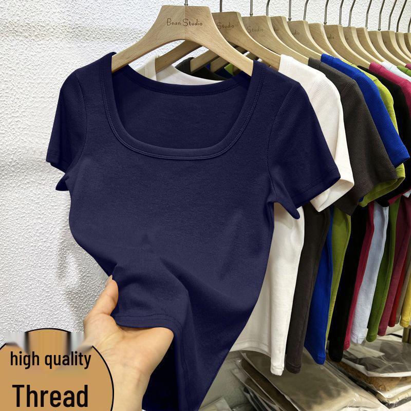 2025 Summer Trendy Plus Size Square Neck Slim Fit Short Sleeve Women's T-shirt