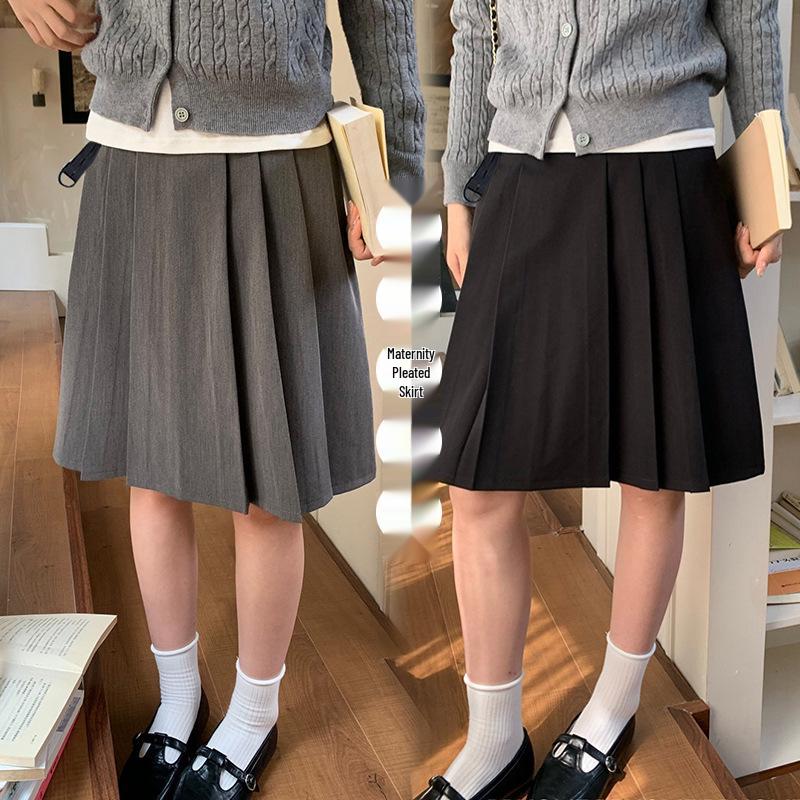 2026 Korean Style Maternity Pleated Midi Skirt - Grey Academic Spring/Summer Skirt XL