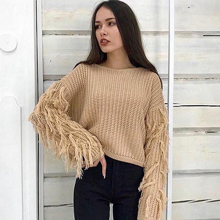 Autumn Tassel Decor Long Sleeve Loose Knit Sweater - European & American Fashion Style for Women