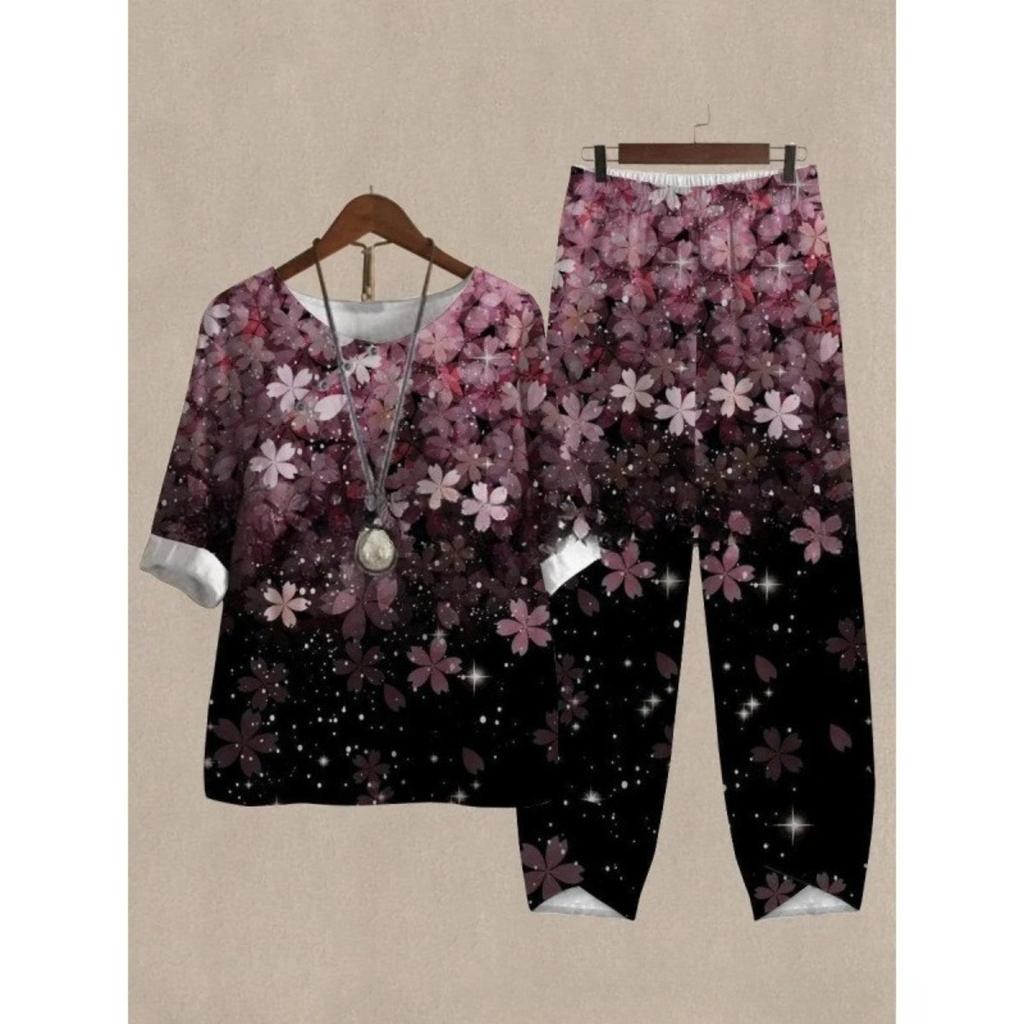 Women's Loose Fit Floral Printed Two Piece Outfit Half Sleeve T-Shirt Elastic Waist Pantsuit
