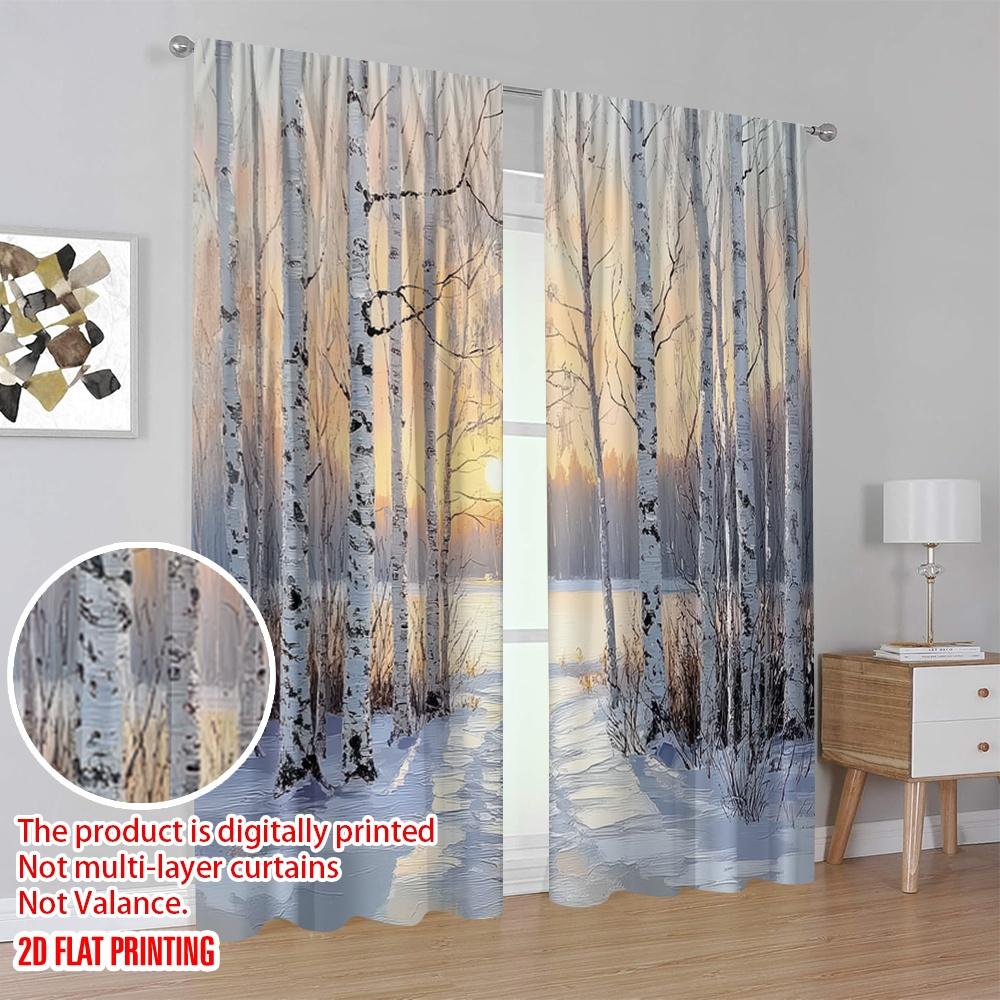 2D flat printing 2pcs Curtains birch Blackout Polyester Family Party Suitable for Party Decor bedroom decor