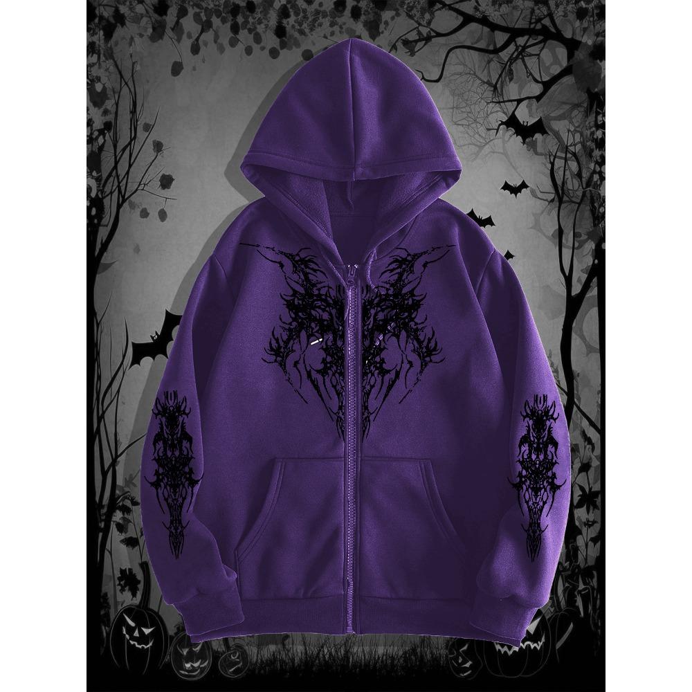Pánská gotická tmavá mikina s potiskem a zipem, ideální pro ležérní streetové oblečení, skvělá pro trendy outfity, nezbytnost pro Halloween