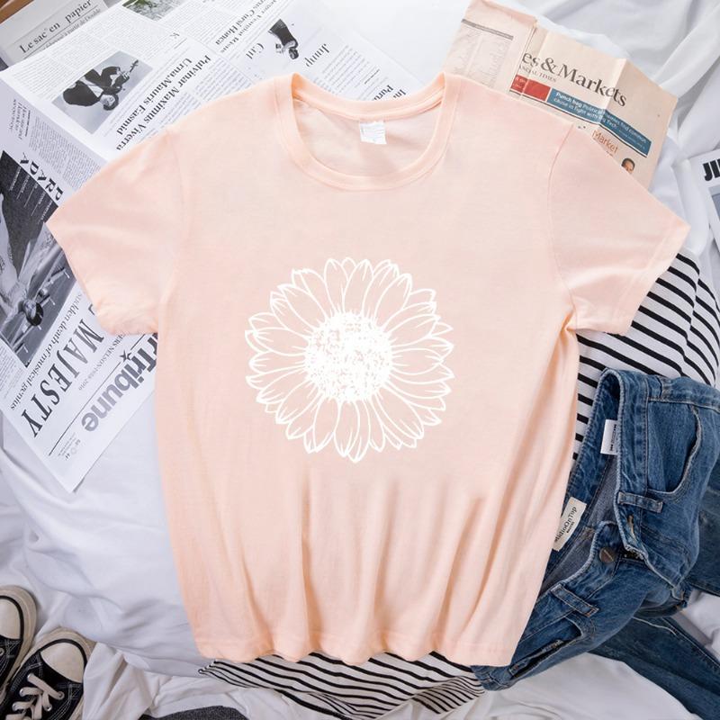 Spring Women's Simple Monochrome Sunflower Pattern Printed Pullover Loose Round Neck Pure Cotton Short Sleeved T-Shirts Women’s