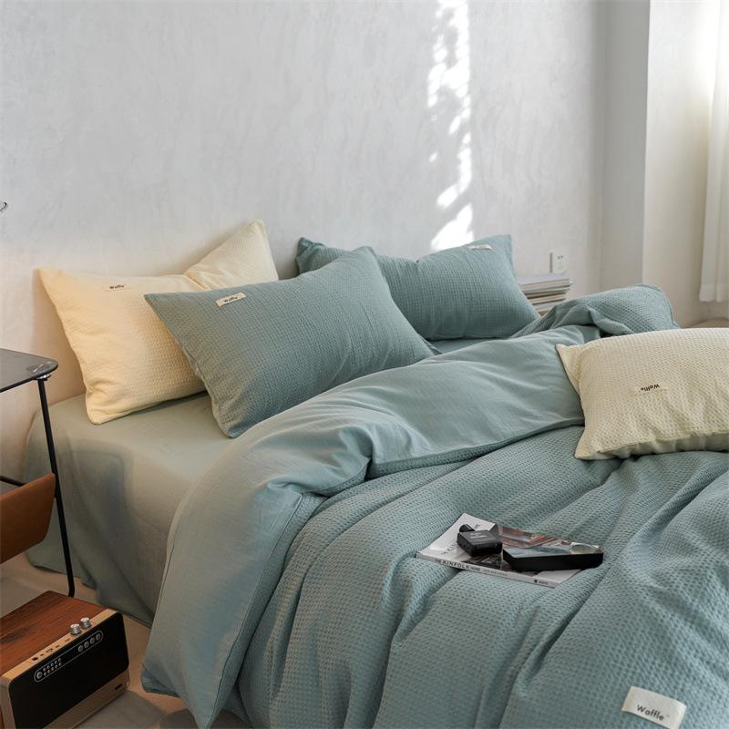 Class A, Maternal And Infant Grade Cotton Double-Layer Yarn 4Pcs Set, Pure Cotton Dormitory 3Pcs Set, Solid Color Bed Sheet Waffle Single Quilt Cover