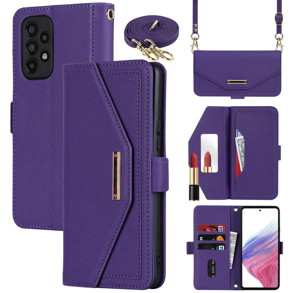 Etui z podstawką dla Samsunga Galaxy A53 5G, Tekstura krzyżowa, Skóra PU, Portfel, Pokrowiec na telefon z paskiem na ramię/Lusterko do makijażu