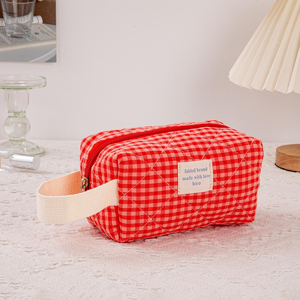 Gestepptes Rot Kariertes 3-teiliges Make-up-Taschen-Set mit Clutch mit großem Fassungsvermögen