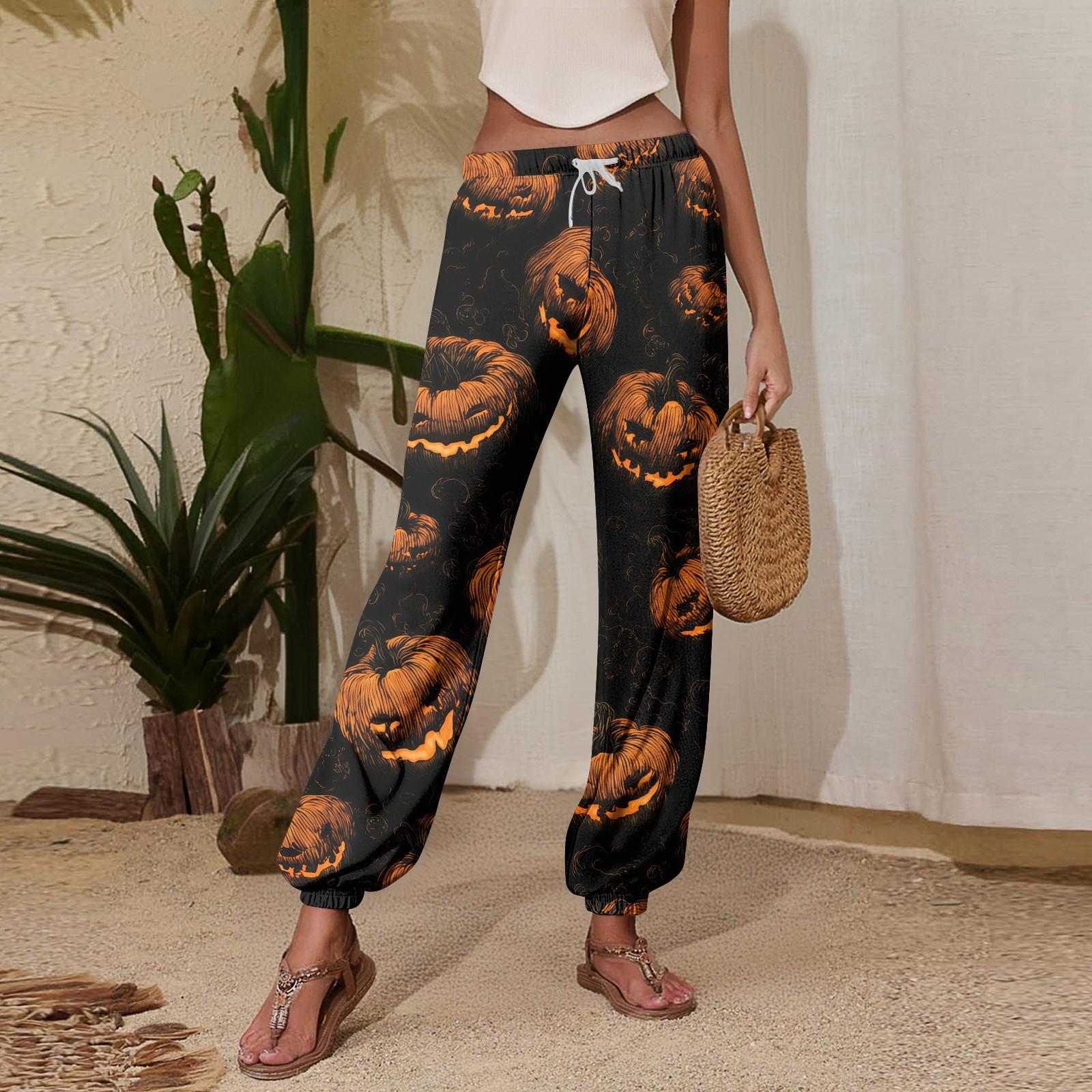 Women s Casual Sweatpants with Halloween Print, Drawstring Elastic Waist, Tapered Joggers for Everyday Wear L