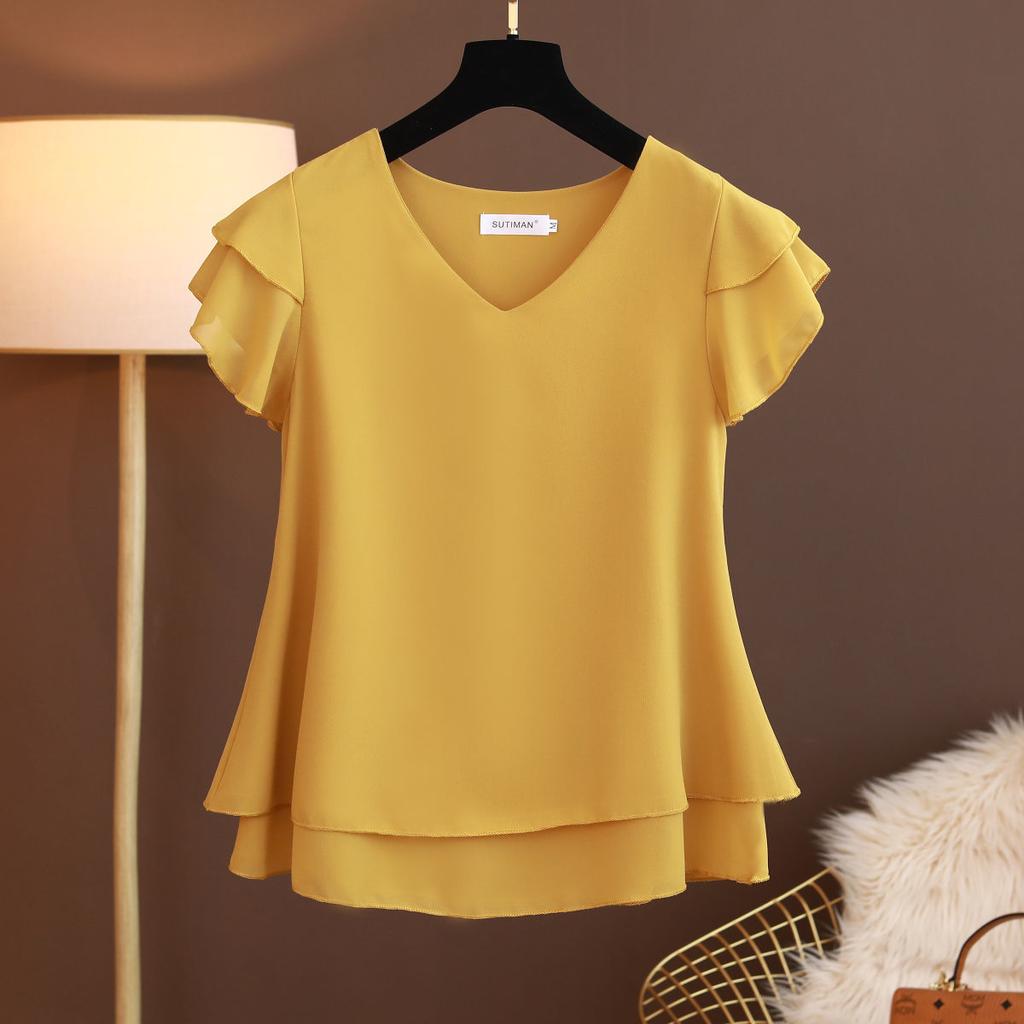 Summer Women Blouse V-Neck Chiffon Shirt Loose Female Short Sleeve Blouse Oversized Shirts Womens Tops