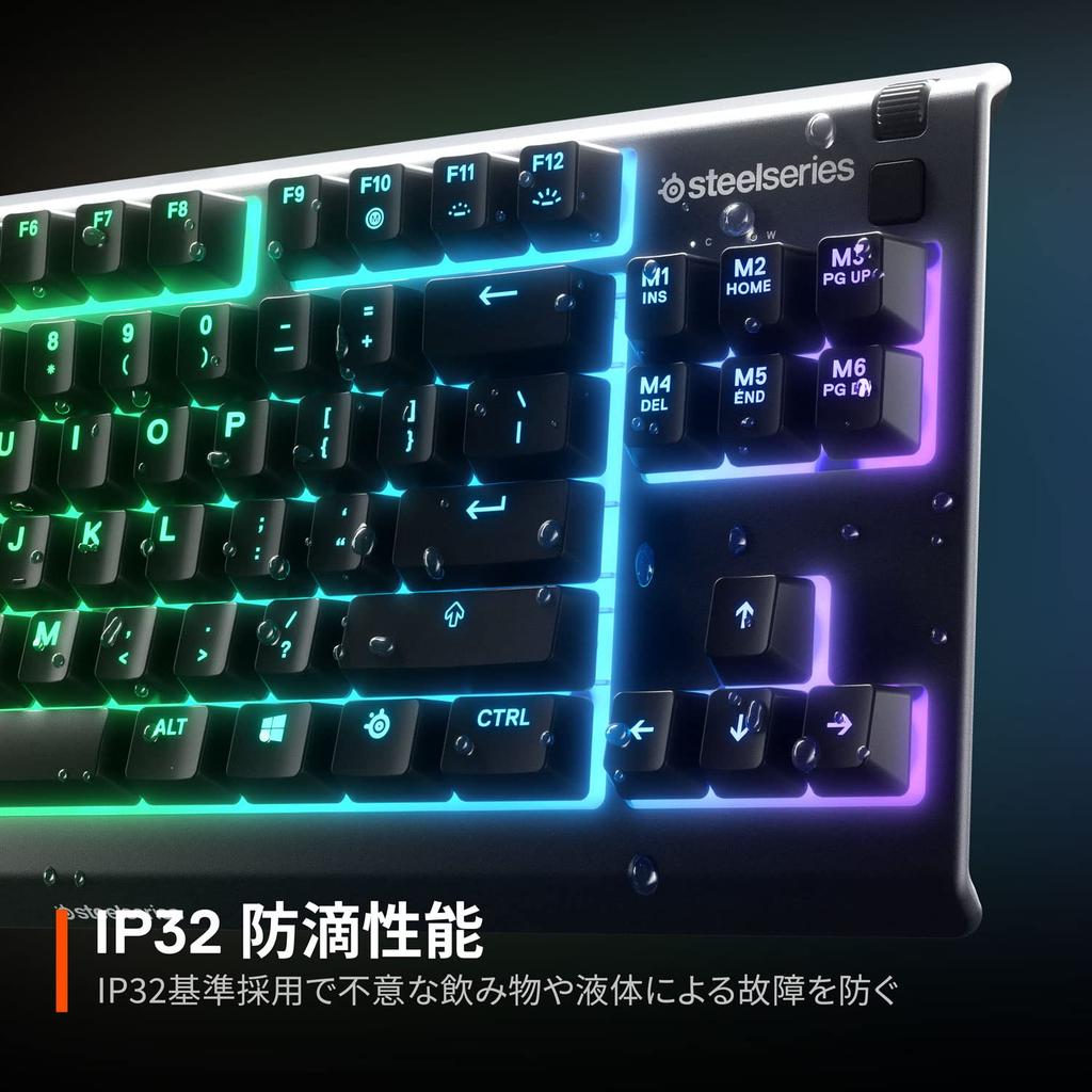 SteelSeries Apex 3 TKL Gaming Keyboard, Tenkeyless, Wired, Japanese Layout, Silent Switches, IP32 Water Resistant, 24-Key Simultaneous Pressing, Black