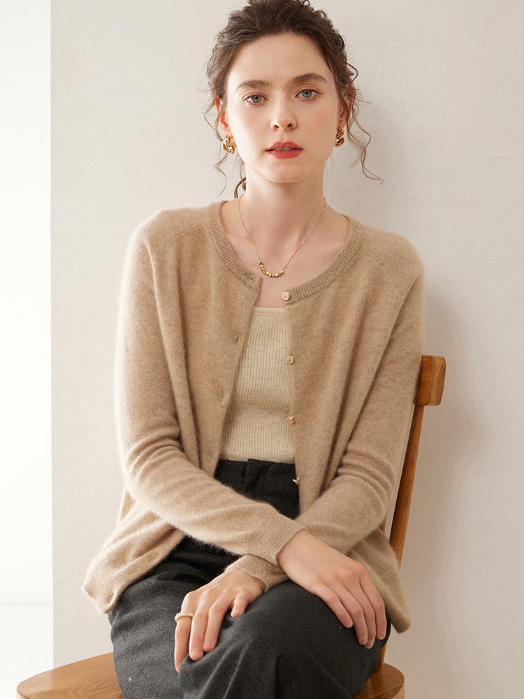 Women's Loose Fit Cashmere Raglan Cardigan – Round Neck, Long Sleeve, Solid Color