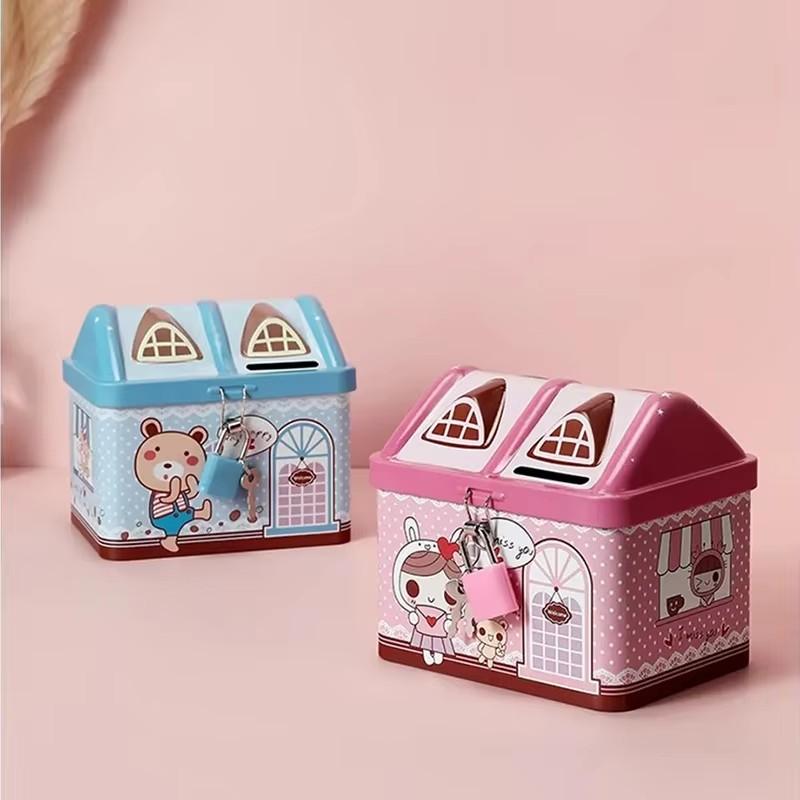 1Pc Cute Bear House Piggy Bank Box Mini Metal Bank Currency Coin Boxes For Children'S Savings Tank Birthday And Christmas Gifts
