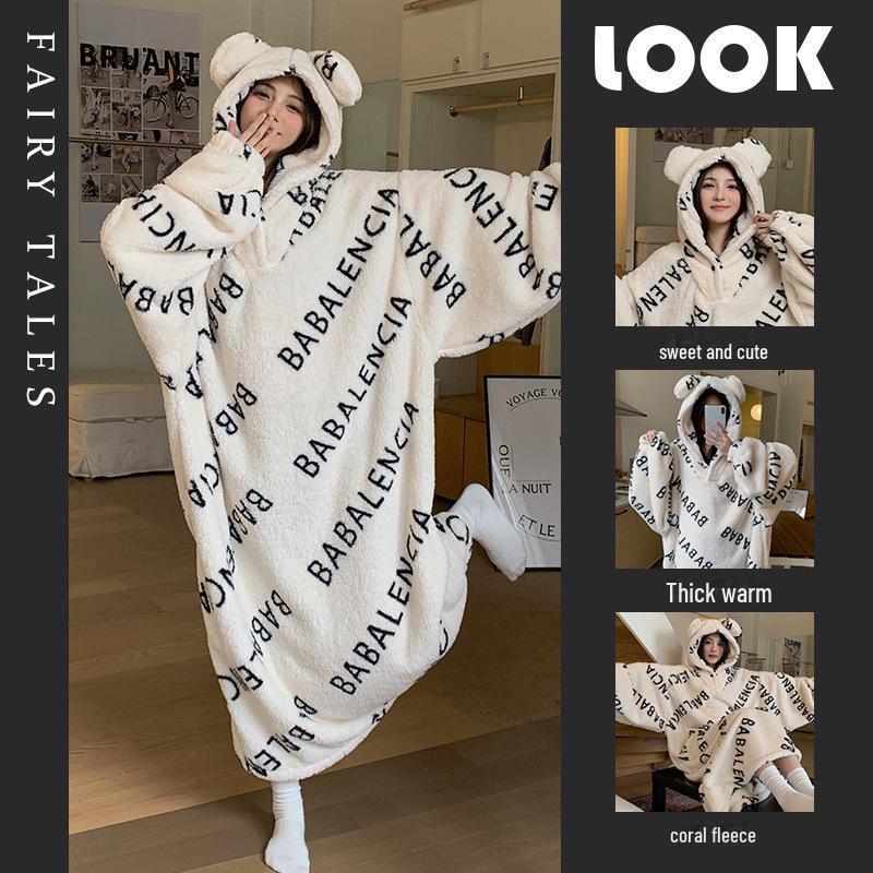 Women's Coral Fleece Hooded Pajamas - Thickened Velvet Nightgown for Autumn/Winter, Sweet, Cute, and Warm for Home or Outdoor Wear.