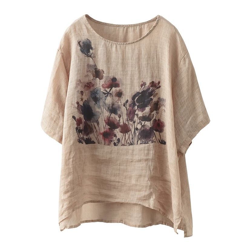 Printed design short-sleeved cotton and linen top summer new versatile literary and retro T-shirt women