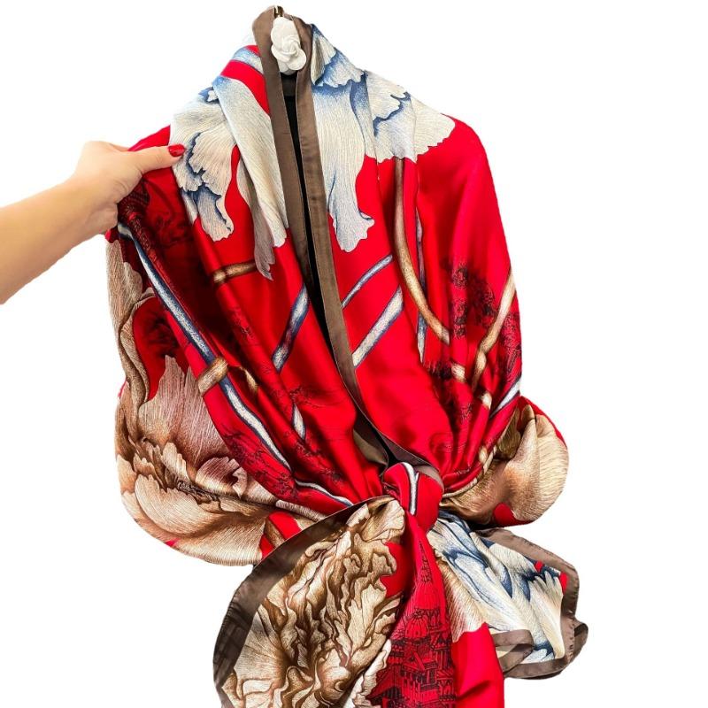 Women S Elegant Peony Printed Silk Like Scarf Fashionable Shawl