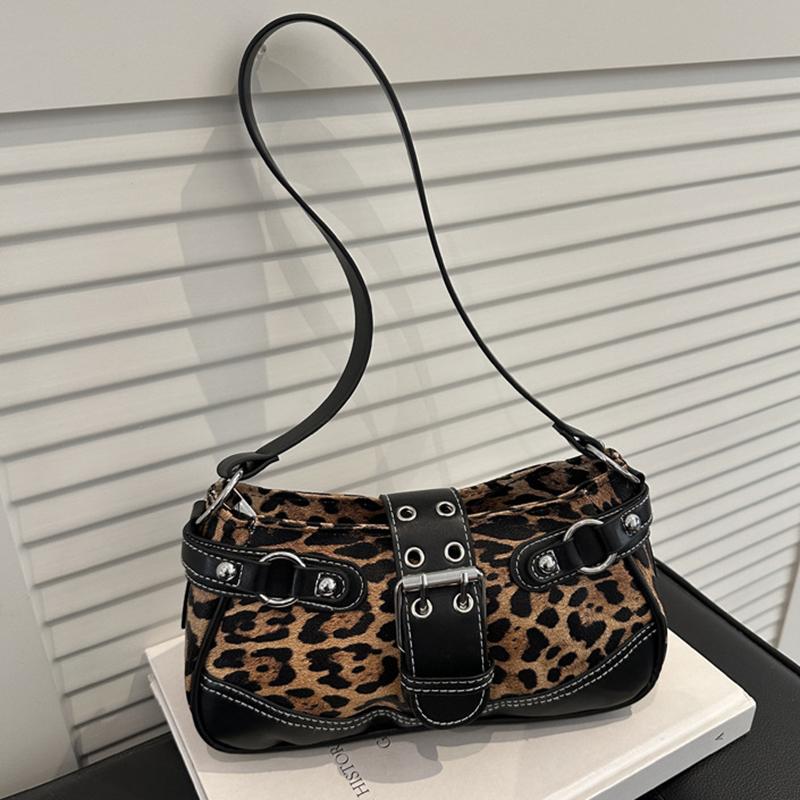 Retro Belt Buckle Leopard Print Casual Single Shoulder Autumn Winter New Style Fashion Rivet Large Capacity Underarm Bag. KTB