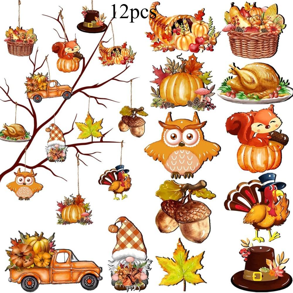 12pcs Thanksgiving Fall Wooden Hanging Ornaments Turkey Owl Squirrel Pumpkin Maple Leaf Wood Cutouts Tree Door Window Home Decor