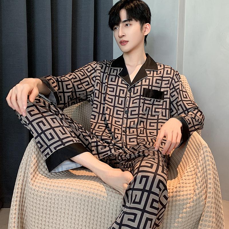Conjunto de Pijama para Hombre Primavera Otoño Seda de Hielo Cárdigan de Manga Larga Ropa de Dormir de Satén para Exterior Masculino Ropa de Casa Verano
