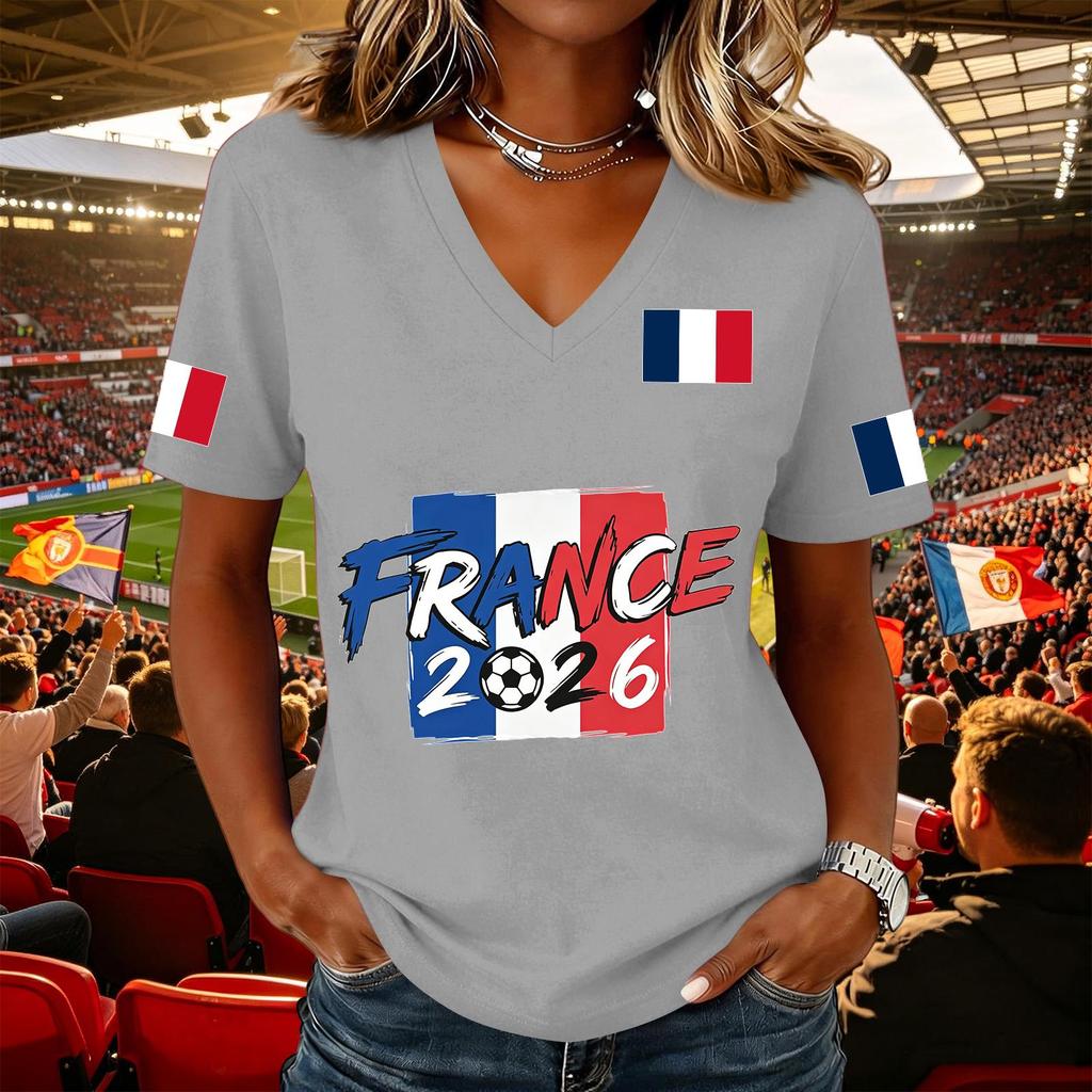 Women's Casual V Neck Pullover Top Short Sleeve Soccer Fan Shirt National Flag Print Support Tee for Outdoor Activities