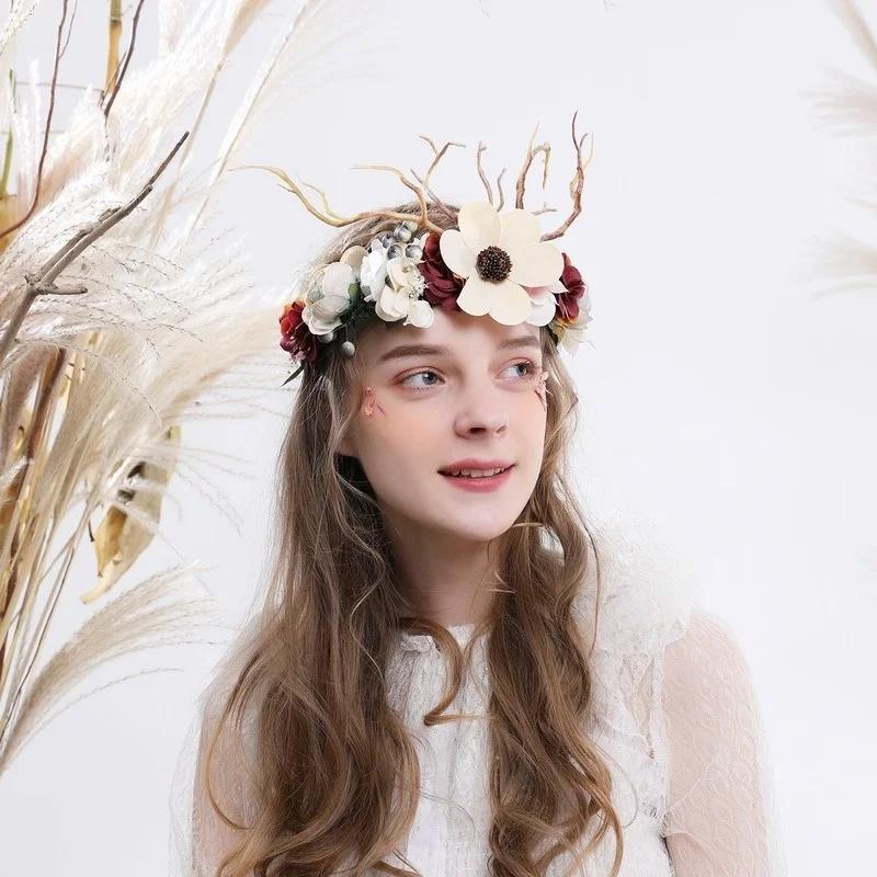 Retro Forest Branch Antlers Rose Gypsophila Dry Flower Garland Exaggerated Prom Catwalk Dress Event Accessories