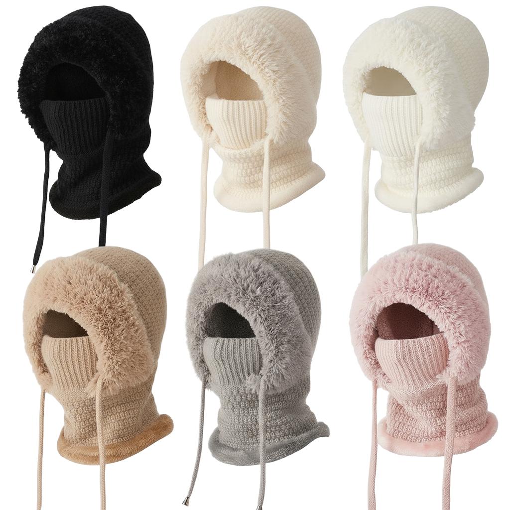 Women Fleece Lined Knit Hat Set with Scarf and Mask Women 3 in 1 Windproof Beanie Hat Hooded Skull Cap Cold Weather Protection